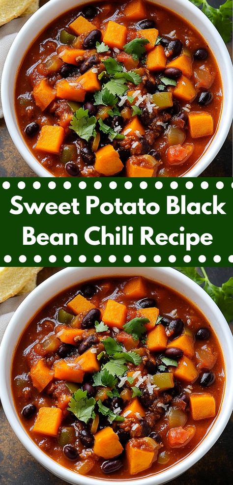 Looking for potato recipes? This Sweet Potato Black Bean Chili Recipe is perfect! It’s one of the best potato dinner recipes, combining bean recipes with chili recipes for delicious dinner ideas, great for family or dinner for two. Sweet Potato Black Bean Recipe, Recipes With Chili, Potato Dinner Recipes, Black Bean Chili Recipe, Sweet Potato Black Bean Chili, Chili Recipe With Black Beans, Delicious Dinner Ideas, Sweet Potato Black Bean, Bean Chili Recipe