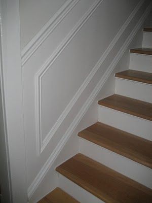 This is how to solve the corner issue that the guys are concerned about....Good thing I am a genius and know how to utilize Pinterest for design solutions! :D  ~JMC Diy Radiator Cover, Wainscoting Hallway, Wainscoting Stairs, Wainscoting Bedroom, Painted Staircases, Wainscoting Bathroom, Wainscoting Styles, Diy Wainscoting, Best White Paint