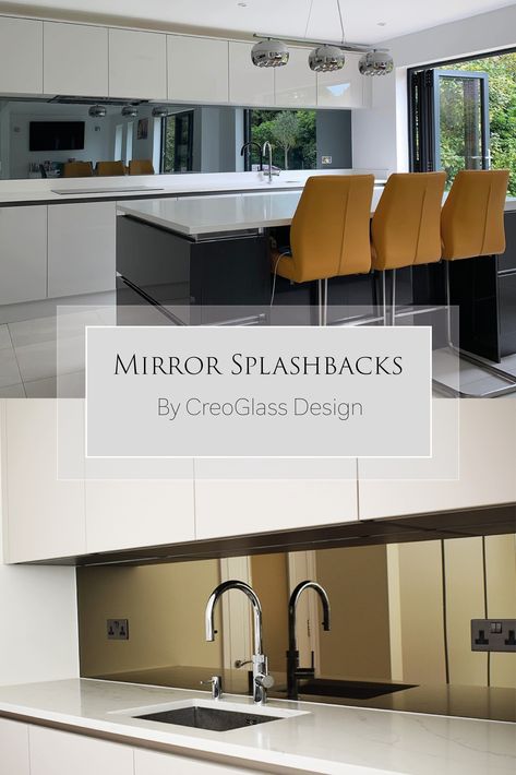 Toughened mirror kitchen splashbacks create a luxurious, spacious and light feeling kitchen. Mirrored Kitchen Splashback, Kitchen Splashback Ideas Glass, Kitchen Splashback Ideas Glass Modern, Mirror Splashback Kitchen, Mirrored Kitchen, Mirror Kitchen, Backsplash With White Cabinets, Glass Splashbacks Kitchen, White Gloss Kitchen