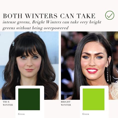 Colour analysis comparison, True Winter VS Bright Winter 🖤 . #coloranalysis #colouranalysis #coloranalyst #winterpalette #zooeydeschanel #meganfox Cool Winter Vs Bright Winter, True Winter Vs Bright Winter, True Winter Outfits, Bright Winter Color Palette, Winter Colour Palette, True Winter Makeup, Season Analysis, Bright Winter Outfits, True Winter Color Palette