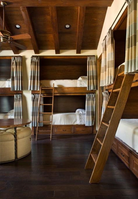 Six rustic wood bunk beds in one large, lofty room.  Good for a summer camp/lodge.  Side note- I'm highly intrigued by the gigantic Ottoman + table. Cottage Bunk Room Ideas, Fun Bed, Bunk Room Ideas, Bunk Bed Room, Mediterranean Bedroom, Sleeping Nook, Rustic Bedroom Design, Lake Ideas, Virgin Island