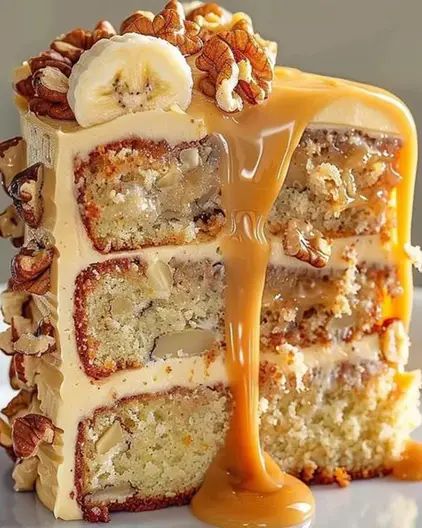 Banana Pecan Caramel Cake Recipe | Easy Layer Cake - optimal recipes Caramel Cake Recipe Easy, Pecan Caramel Cake, Caramel Layer Cake, Banana Nut Cake, Easy Layer Cake, Chocoflan Recipe, Ripe Banana Recipe, Caramel Cake Recipe, Cake Recipe Easy