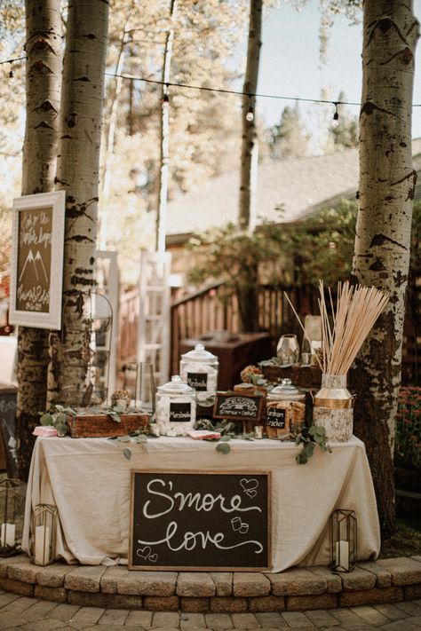 Fall Forest Wedding Reception, Fall Lake Wedding Ideas Decor, Bonfire At Wedding Reception, Dock Wedding Decor, Forest Reception Decor, Wedding S’more Station, Outdoors Party Theme, April Outdoor Wedding, Boho Outdoor Wedding Reception