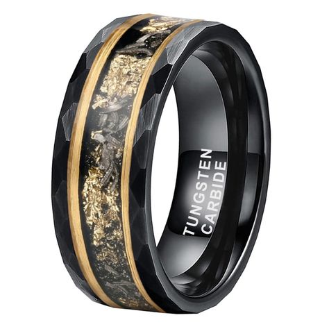 PRICES MAY VARY. 8mm Genuine Meteorite Shavings, Gold Foil and Double Golden Lines Inlay Silver & Black Color Available Hammered Tungsten Carbide Rings for Men Women Engagement Wedding Bands Pipe Cut Matte Finish Comfort Fit. Please note that as the Fragment Inlay is Handmade, Each Ring Will Have Different Looking! Made of Genuine Tungsten Carbide. Scratch Resistant, Water Proof, Never Tarnish, Nice Weight, Cobalt Free, Hypoallergenic, Will Not Turn Your Finger Green. Ideal Fashion Rings Suit fo Mens Band Ring, Wooden Rings For Men, Men’s Tungsten Wedding Bands, Unique Mens Engagement Rings, Black And Gold Wedding Ring, Mens Wedding Rings With Diamonds, Golden Rings For Men, Men's Promise Rings, Male Wedding Bands