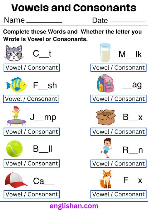 Consonants and Vowels Worksheets with Answers in English Vowels Vs Consonants, Vowel And Consonant Worksheet For Kindergarten, Vowels And Consonants Worksheets, English Kindergarten, Consonants And Vowels, Vowels And Consonants, Vowel Worksheets, Spelling Rules, English Test