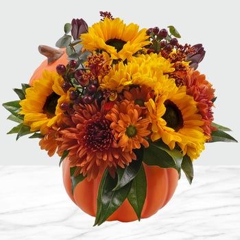 Pumpkin Flower Centerpiece, Autumn Arrangements, Pumpkin Floral Arrangements, Pumpkin Delight, Door Ornament, Pumpkin Planter, Small Flower Arrangements, Pumpkin Arrangements, Sunflower Arrangements