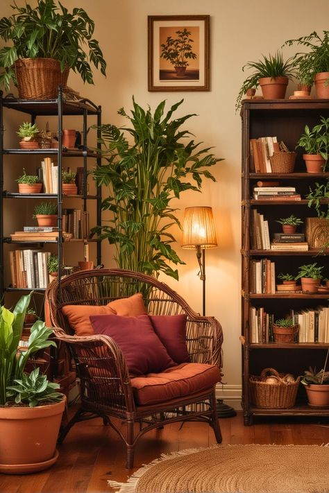 Dark Academia Living Room Apartment, Moody Plant Room, Moody Eclectic Living Room, Light Academia Living Room, Eclectic Decor Living Room, Academia Living Room, Boho Bookshelf, Eclectic Boho Living Room, Moody Eclectic