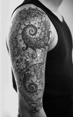 Fractal Tattoo, Paisley Tattoo, Rabe Tattoo, Unique Half Sleeve Tattoos, Cool Half Sleeve Tattoos, Sacred Geometry Tattoo, Geometry Tattoo, Bicep Tattoo, Ornamental Tattoo