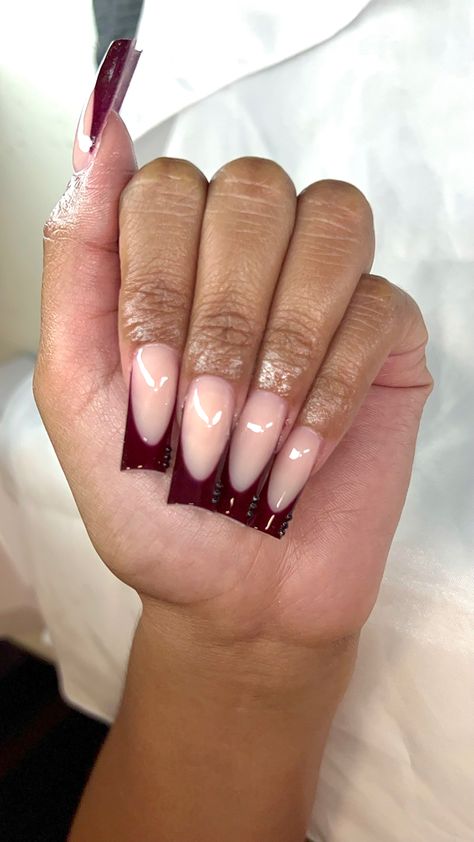 Dark Red French Tip Nails With Gems, Cherry Wine Nails French Tip, Dark Cherry Red Nails French Tip Almond, Dark Cherry French Tip Nails, Wine Nails French Tip, Burgundy French Tip Toes, Fall Burgundy Nails Acrylic, Burgundy Nails With Black, French Tip Burgundy Nails