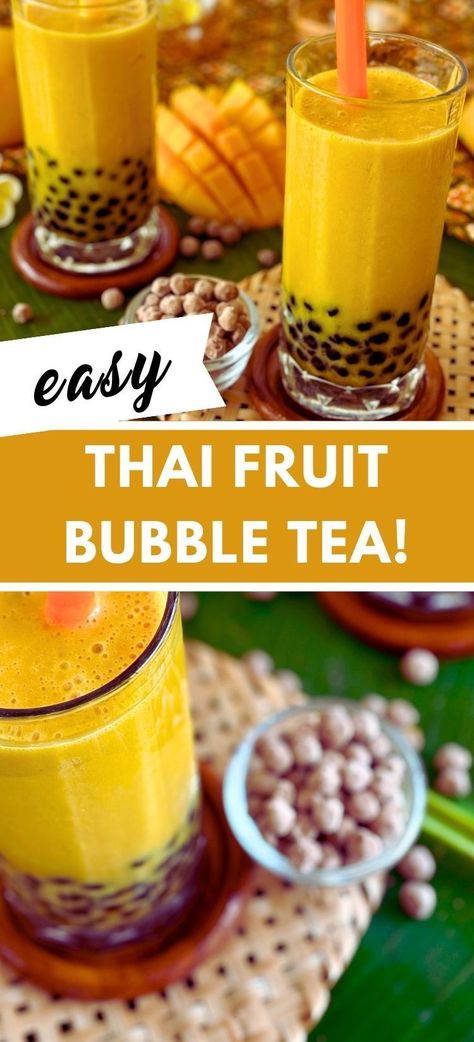 Learn how to make Thai Fruit Bubble Tea at home with chewy boba pearls and fresh fruit flavors. This iced, quick, and easy recipe brings the taste of street food to your kitchen! Mango Milk Tea Recipe, Fruit Boba Tea, Thai Tea Recipe, Mango Bubble Tea, Fruit Boba, Fruit Bubble Tea, Thai Tea Recipes, Fruit Tea Recipes, Bubble Tea At Home