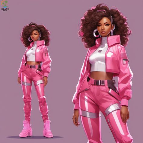 Scifi Assassin Female, Pink And Black Superhero Suit, Superhero Aesthetic Outfit, Pink Techwear Outfit, Pink Villain Outfit, Pink Futuristic Outfit, Pink Cybercore Outfits, Scifi Outfits Female, Digital Art Curly Hair