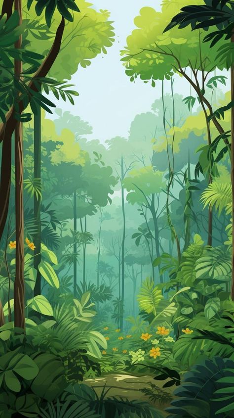 Immerse yourself in the lush beauty of the Verdant Canopy, where thick foliage and towering trees create a serene oasis. Explore the wonders of nature and get lost in the tranquil greenery. #VerdantCanopy #ThickFoliage #ToweringTrees #NatureLovers #Greenery #SereneOasis Jungle Cartoon, Rainforest Trees, Wonders Of Nature, Tree Canopy, Simple Phone Wallpapers, Fantasy Art Landscapes, Landscape Illustration, Landscape Wallpaper, Fantasy Landscape