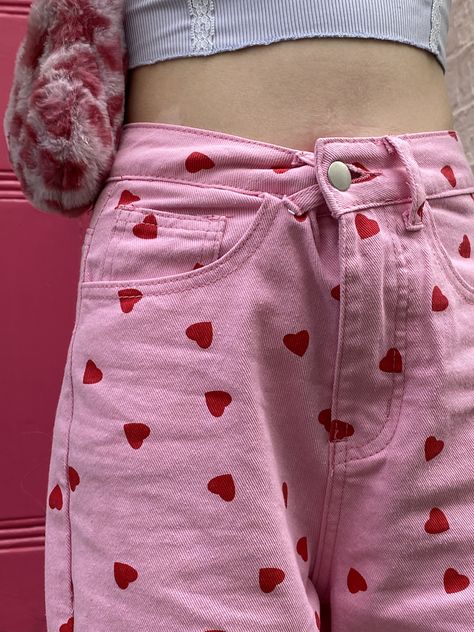 Red Heart Jeans, Pink Dress With Red Hearts, Pink Jeans With Hearts, Heart Themed Outfits Aesthetic, Lovecore Pants, Pink Red Outfit Aesthetic, Valentine Day Outfits Aesthetic, Lovecore Outfit Male, Red And Pink Fashion