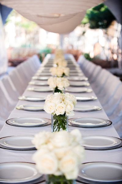 Wedding Centerpieces Long Tables, Centerpieces Long Tables, Wedding Cakes Winter, Watercolor Inn And Resort, White Rose Centerpieces, Wedding Ideas Winter, Yellow Wedding Ideas, Long Table Wedding, Winter Wedding Table