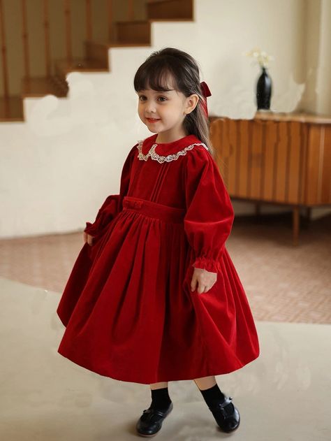 Discover great products at the best prices at Dealmoon. Toddler Girls Contrast Lace Flounce Sleeve Bow Front Velvet Dress. Christmas Dress Toddler, Outfit Themes, Natural Baby Clothes, Toddler Christmas Dress, Kids Dress Patterns, Fashion Drawing Dresses, Flounce Sleeve, Stylish Kids, Toddler Girl Dresses