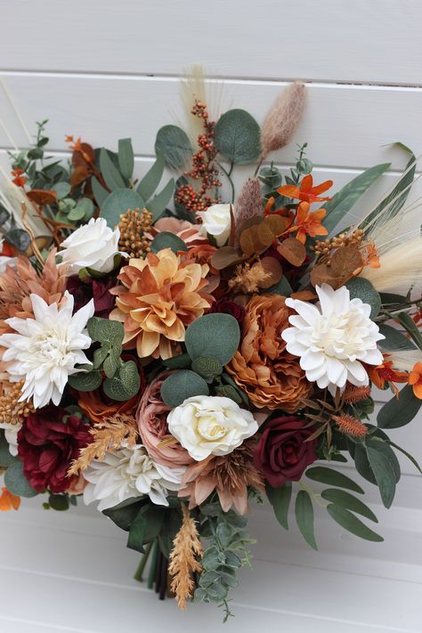 Fall Wedding Bouquets Terracotta, Wine Red And Burnt Orange Wedding, Mums Wedding Bouquet, Fall Western Wedding Bouquets, Fall Wedding Dahlias, Orange Flower Bouquet Wedding, Fall Color Wedding Flowers, Tall Fall Centerpieces Wedding, Fall Floral Bouquets