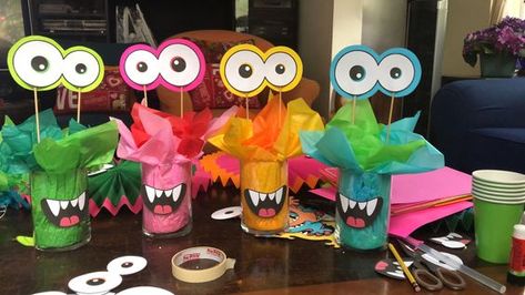 Halloween DIY Decorations Using Dollar Tree Items (tutorials Included) - RecipeMagik Monster Party Activities, Monster Party Centerpiece, Monster Birthday Party Decorations, Monster Theme First Birthday Party, Monster Table Decorations, Cute Monster Decorations, Diy Monster Party Decorations, Diy Monster Birthday Decorations, Monster Theme Birthday Party Decoration