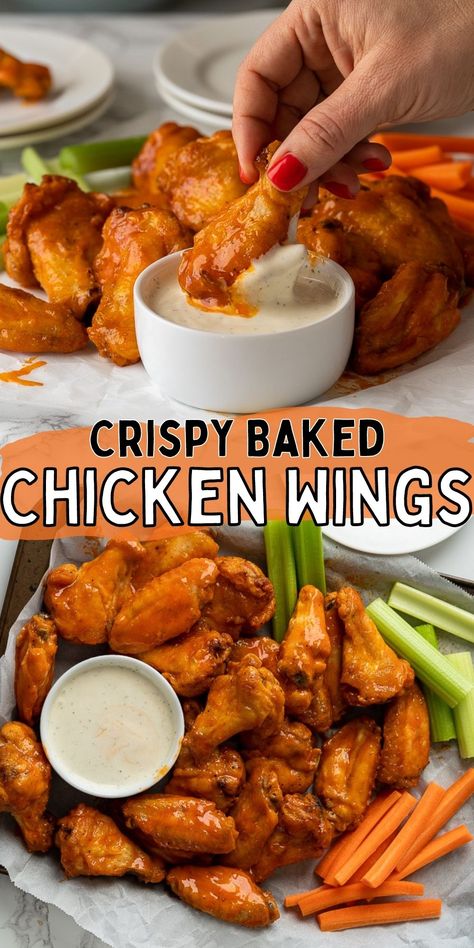 Wings Recipe Oven, Buffalo Wings Recipe Baked, Crispy Oven Baked Chicken Wings, Appetizer Chicken, Baked Hot Wings, Oven Chicken Wings, Wings Recipe Baked, Baked Buffalo Wings, Hot Wing Recipe