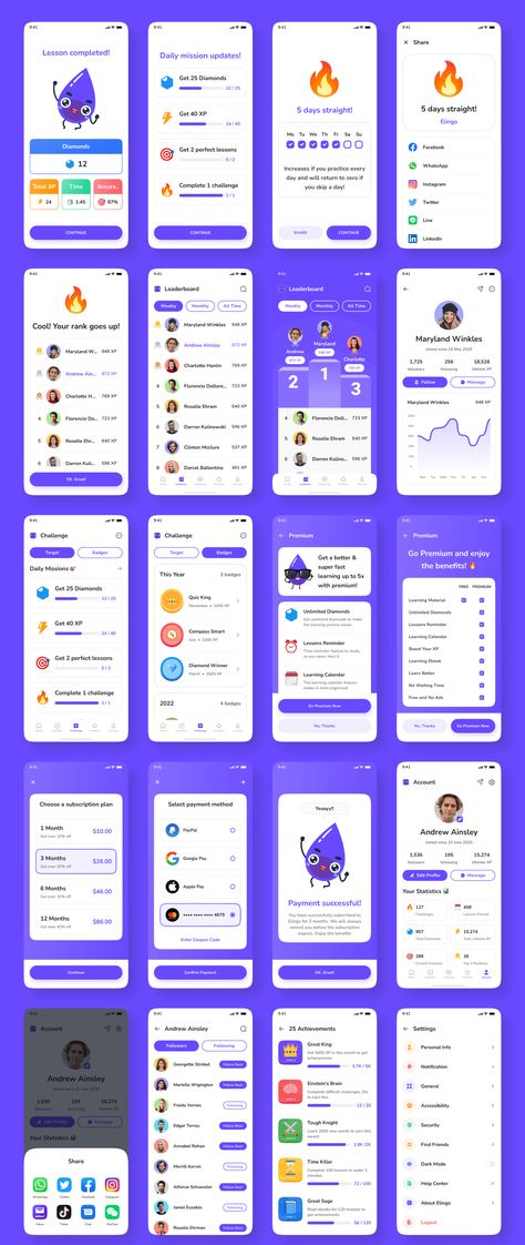 Elingo - Language Learning App UI Kit — Figma Resources on UI8 Language Learning App Design, Language App Design, Learning App Ui Design, Mode Tracker, Gamification Ui, Quiz App Ui, Language App, Trivia App, Language Learning App