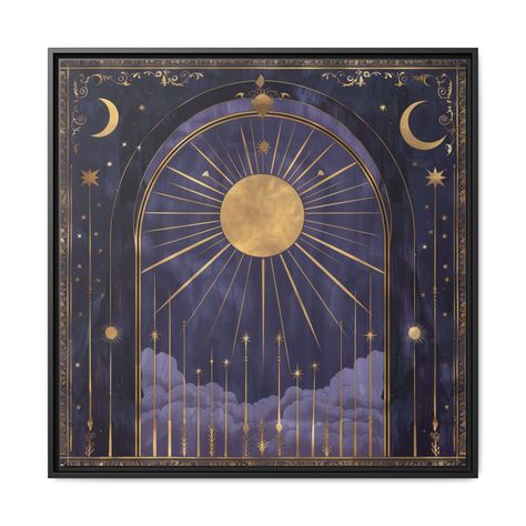 Enhance your space with the timeless elegance of our Celestial Art Deco Painting.  This exquisite piece features a stunning Art Deco style design, with an arch adorned with celestial motifs set against a rich midnight purple backdrop. Golden rays from the sun shine through the archway, casting a warm, ethereal glow that highlights the intricate details and elevates the composition. Available in nine different sizes, with custom dimensions available upon request, this artwork can be tailored to perfectly suit any space. The painting is printed on a premium matte canvas, crafted from a high-quality cotton and polyester composite with a special proprietary coating. This ensures the colors remain vibrant and the details exceptionally sharp, preserving the beauty of the celestial design. The ca Celestial Design Art, Celestial Folk Art, Celestial Interior Design, Zodiac Room Decor, Sun Canvas Painting, Celestial Ceiling, Celestial Painting, Celestial Bedroom, Lunar Art