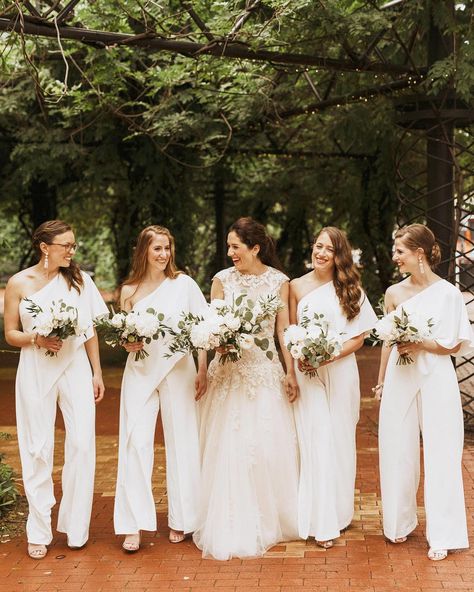 Something Different: Bridesmaids in Jumpsuits | OneFabDay.com Ireland Bridesmaid Pants Outfits, Bridesmaid Pants, Fun Jumpsuit, Bridesmaid Suits, Bridesmaids Jumpsuits, Chelsea Wedding, Modern Bridesmaid, One Shoulder Bridesmaid, White Bridesmaid