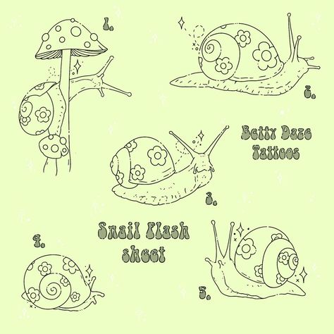 Snail tattoos by betty daze tattoos Rainbow Ink Tattoo, Snail Tattoo Flash, Snail Line Tattoo, Mystery Snail Tattoo, Snail Tattoo Cute, Snail Line Drawing, Cute Snail Doodle, Nature Flash Sheet, Tiny Snail Tattoo