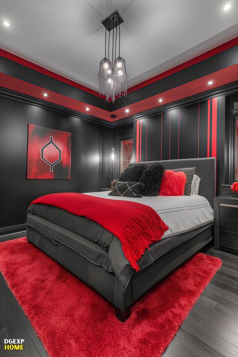 Modern red and black bedroom with bold stripes and unique lighting. Red Black Bedrooms, Black Modern Bedroom, Simple Room Decoration, Red Bedroom Decor, Black Bedroom Design, Black Bedroom Decor, Modern Bedroom Ideas, Sophisticated Bedroom, Black Bedroom