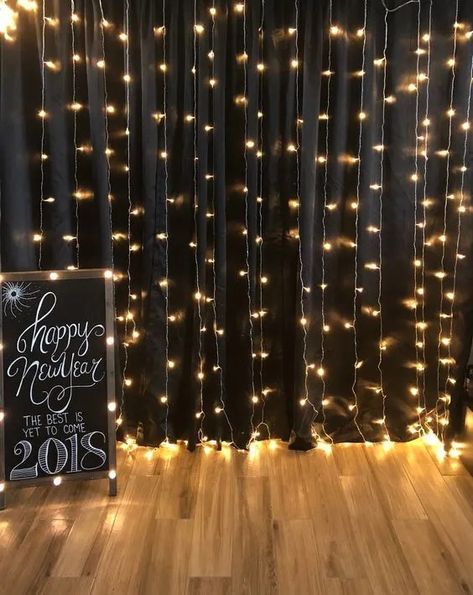 30+ Sparkly New Years Party Backdrop Ideas for 2024 - HubPages Karaoke Backdrop Ideas, Curtain Light Photo Backdrop, Black Photo Backdrop With Lights, Black Photobooth Backdrop, Black Backdrop With Lights, Hoco Photo Backdrop, Karaoke Backdrop, New Year’s Eve Photo Backdrop, Banquet Photo Backdrop