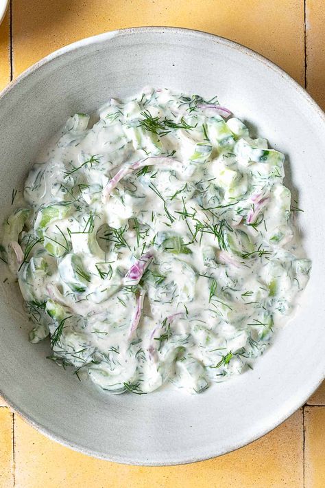 Persian Cucumber Salad Recipe, Cucumber Yogurt Dip, Persian Salad, Mint Yogurt Sauce, Roasted Vegetable Salad, Dill Dressing, Cucumber Yogurt, Marinated Salmon, The Mediterranean Dish