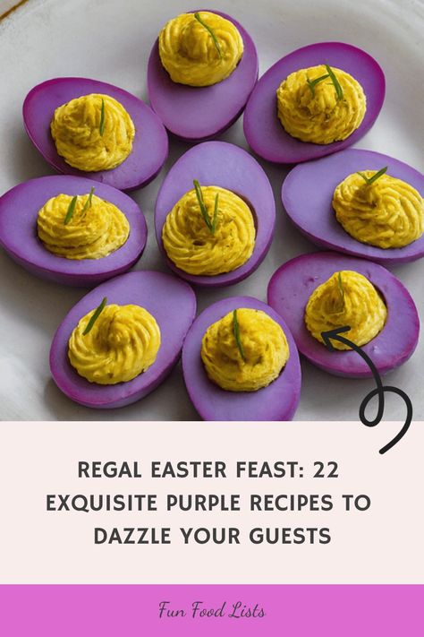 [object Object] Purple Deviled Eggs, Purple Party Foods, Easter Finger Food, Purple Recipes, Easter Potluck, Purple Velvet Cakes, Carrot Hummus, Easter Fun Food, Easter Feast