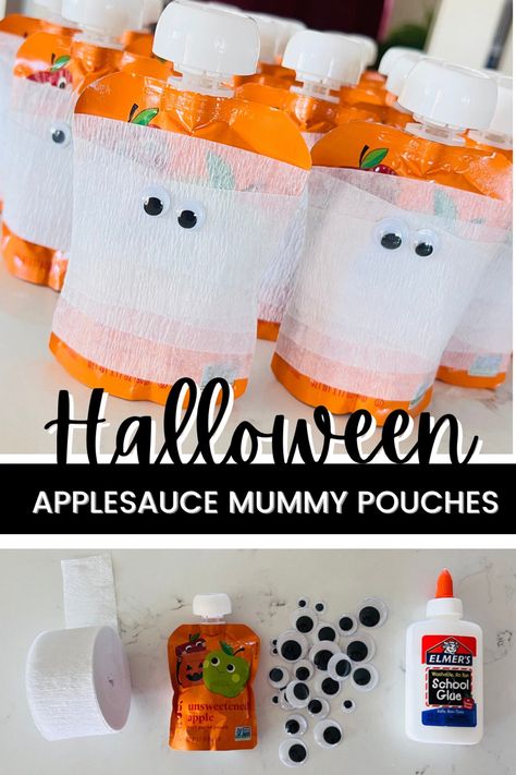 Applesauce Mummy Pouches, Applesauce Pouch Halloween, Mummy Applesauce Pouch, Halloween Applesauce Pouch, Halloween Pouches, Applesauce Pouches, Kids School Gifts, Halloween Apples, Mummy Wrap