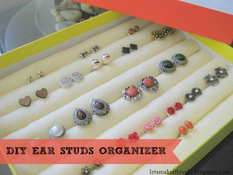 DIY Ear Studs Organizer—Made for less than $2.50!   |   Blog Post: "DIY Ear Studs Organizer Under $2.5 !" on May 31, 2014 by Roopini from Let's Make It Lovely Stud Earring Organization, Organize Post Earrings, Ear Rings Organizer Diy, Ear Ring Storage Diy, How To Organize Stud Earrings, Earring Organizer Ideas, Diy Earring Holder For Studs, Earring Organizer Diy, Stud Organizer