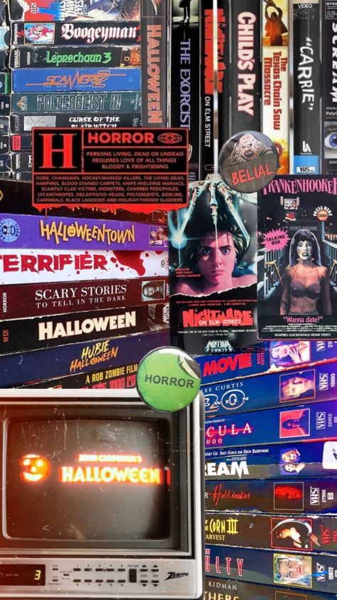 #horror #horrormovies #horroraesthetic #horrormovie #horrorcore #vhs #70s #80s #90s #retro #blockbuster #videorental #nostalgia #nostalgic #movies #movie #movienight #wallpaper #wallpapercollage Blockbuster Aesthetic, Nostalgic Movies, 90s Horror Movies, Wallpaper Collage, Scantily Clad, Black Lagoon, The Exorcist, Elm Street, 90s Aesthetic