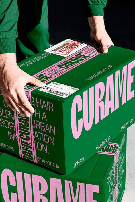 Discover how Curame’s hair care brand transforms with bold, urban-inspired packaging design by Yuliia Hrabynska. The striking green and pink color palette, combined with oversized typography, creates a statement that's both modern and sophisticated. Perfectly capturing the essence of contemporary hair care, this design is a true standout. 🌟 - Fivestar Branding Agency Is A Design and Branding Agency. This Work Belongs to The Accredited Artist and Is Curated For Inspiration Only #PackagingDesign Modern Brand Identity Design, Mailing Box Design, Playful Packaging Design, Package Box Design, Box Design Ideas, Contemporary Branding, Green Branding, Typography Packaging, Pink Color Palette