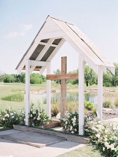 Farm Wedding Ceremony, Event Venue Design, Farm Wedding Reception, Rustic Wood Cross, Chapel In The Woods, Ceremony Altar, White Trellis, White Flower Arrangements, Farm Wedding Venue