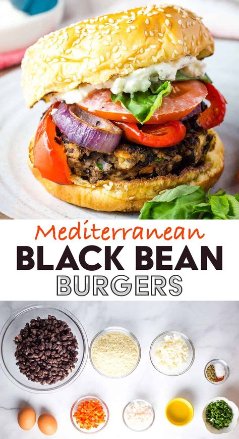 These easy Mediterranean black bean burgers are topped with whipped feta, roasted onions and peppers, and basil for a super satisfying weeknight meal. Whether you're vegetarian, or just looking for a healthier way to get your burger fix, these are truly the best homemade black bean burgers. Mediterranean Burgers, Roasted Onions And Peppers, Burgers Vegetarian, Meal Plan Ideas, Vegetarian Grilling, Black Bean Burger, Greek Chicken Salad, Bean Burgers, Roasted Onions