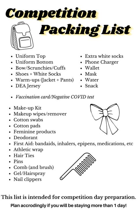 This is everything you absolutely can not forget! Gymnastics Competition Bag Checklist, Cheer Bags Ideas Backpacks, Band Competition Packing List, Cheer Comp Checklist, Dance Comp Packing List, Color Guard Bag, Dance Packing List, What To Pack For Cheer Competition, Cheer Themes For Competition