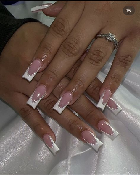 White French Top With Glitter, Nail Inspo Polygel, French Top With Gems, White French Nails With Diamonds, White French Tip With Rhinestones, Nails Weiss, White French With Glitter, Anniversary Nails, Glitter Nail Designs