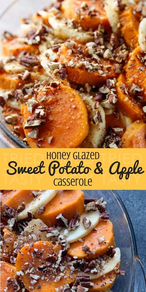 Close up of sliced baked sweet potatoes alternating with apple slices topped with chopped toasted pecans Apple Casserole, Apple Sweet Potato, Apples And Honey, Sweet Potato Apple, Glazed Sweet Potatoes, Courge Spaghetti, Sweet Potato And Apple, Honey Glazed, Smoothie Bowls