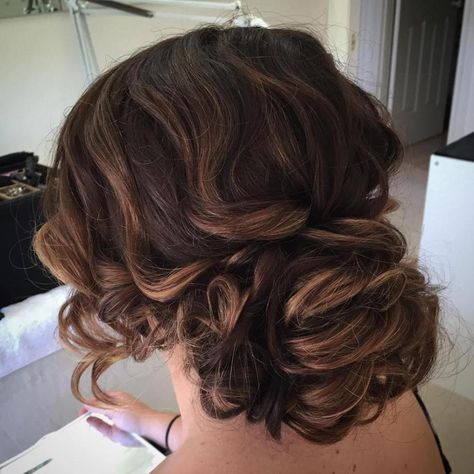 Large Low Curly Bun Updo Low Curly Bun, Curly Prom Hair, Side Bun Hairstyles, Teenage Hairstyles, Curly Bun Hairstyles, Side Bun, Curly Bun, Brown Ombre Hair, Hair Romance