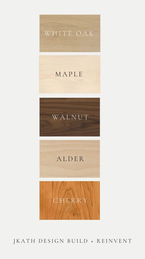 Return of Wood; Our Most Used Wood Species | Jkath Design Build + Reinvent Wood Species For Cabinets, Wood Colors Chart, Oak Wood Interior Design, Types Of Wood Furniture, Types Of Wood Stain, Maple Wood Stain Colors, Wood Tones That Go Together, Alder Wood Stain Colors, Floor Paneling