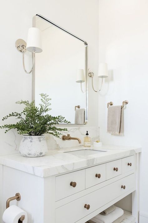 Seasonal Powder Room Prep Mcgee Bedroom, Mcgee Bathroom, Studio Mcgee Bathroom, Bedroom Nightstands, White Bathroom Vanity, Bad Inspiration, Bathroom Guest, Design Blogs, Powder Rooms