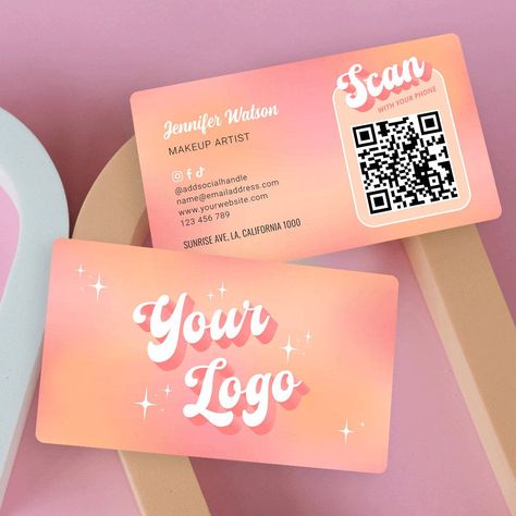 Retro QR Code business card with pastel peach and pink gradient background and nostalgic fonts. These stylish beauty salon business cards include space for your logo, scannable QR code and contact details. This groovy social media business card design can suit any professional such as makeup artist, lash tech, cosmetologist, nail tech and more! Easily promote your instagram, tiktok, facebook or any other social media with these business cards. Nostalgic Fonts, Nail Tech Business Cards, Calling Card Design, Social Media Business Cards, Beauty Salon Business Cards, Business Card Stand, Qr Code Business, Cute Business Cards, Art Business Cards