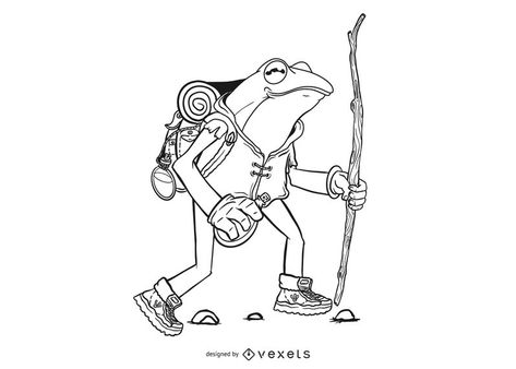 Animal Hiking Illustration, Hiking Illustration Drawings, Frog Standing Up Drawing, Hiking Coloring Pages, Trek Draw, Inktober Trek, Hike Drawings, Trek Illustrations, Trek Inktober