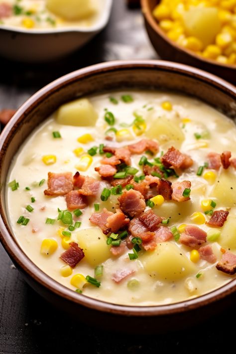 Easy Ham and Corn Chowder Corn Chowder With Ham, Easy Corn Chowder, Potato Chowder, Ham Potato, Easy Ham, Smoked Ham, Corn Chowder, Chowder Recipes, Dinner Appetizers