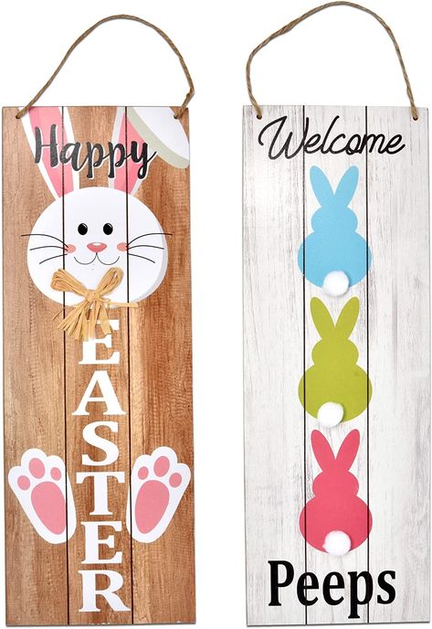 PRICES MAY VARY. Reversible Spring or Easter Welcome Sign Set of 2- Welcome guests with a warm and rustic look that accents any design color scheme like neutral tones to vibrant paints and stains. Includes 4 designs: Hello Spring with flowers on one side and Happy Easter with bunny face and feet on the other side, Welcome with flowers on one side and Welcome Peeps with 3 bunnies and pompom tails on the other side on a wooden slats background. Effortlessly blends in well with wood, metal and glas Rustic Outdoor Decor, Easter Wall Decor, Yard Party, Easter Decorations Outdoor, Farmhouse Decoration, Easter Signs, Perfect Wedding Gift, Rustic Wall Art, Wall Sculpture Art