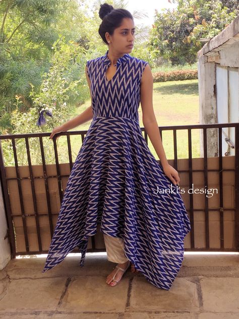 Stylish and comfortable #ikat casual for summer wear.  #cotton #casualoutfit #comfortable #beautiful #love #handcrafted #ikat #instafashion #instagood #instalove #instastyle #stylish #ootd #ootdshare #look #colthes #postoftheday #by @jankisdesign Pochampally Dress Designs Cotton, Pochampally Kurtis Designs, Kurti Design Latest, Ikkat Kurti Designs, Kalamkari Dresses, Stylish Kurtis Design, Ikkat Dresses, Ikat Dress, Designer Kurti Patterns