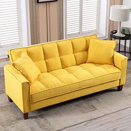 mikibama Linen Sofas Couchs for Living Room Grid Tufted Loveseat Sofa Padded 2 Seater Bedroom Couch Soft Comfy Sofa Bed for Small Space Apartment with Solid Wood Legs (Yellow) #ad Twin Bed Couch, Small Apartment Couch, Comfy Sofa Bed, Sofa Bed For Small Spaces, Beds For Small Spaces, Tufted Loveseat, Small Couch, Bedroom Couch, Yellow Sofa