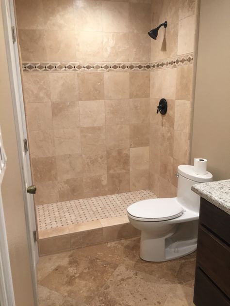 Light Tan Tile Bathroom, Bathroom Remodel Cream Color, Brown Shower Tile Bathroom, Tan Tile Bathroom Ideas, Tan Bathroom Ideas, Brown Bathroom Floor, Beige Tile Bathroom, Brown Tile Bathroom, Home Bathroom Ideas