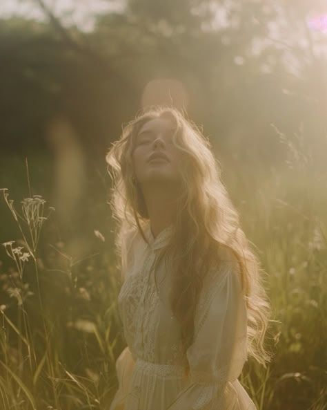 Soft Outdoor Photoshoot, Models In Nature, Nature Woman Photography, Timeless Photoshoot Ideas, Whimsical Photoshoot Women, Posing In Nature, Irish Woman Aesthetic, Portraits In Nature, Nature Photography Poses Women